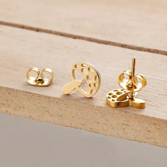 Gold Mushroom Earrings Gold Tone Stainless‎ Steel Funky Cute Stud Earrings Steel - Picture 6 of 6